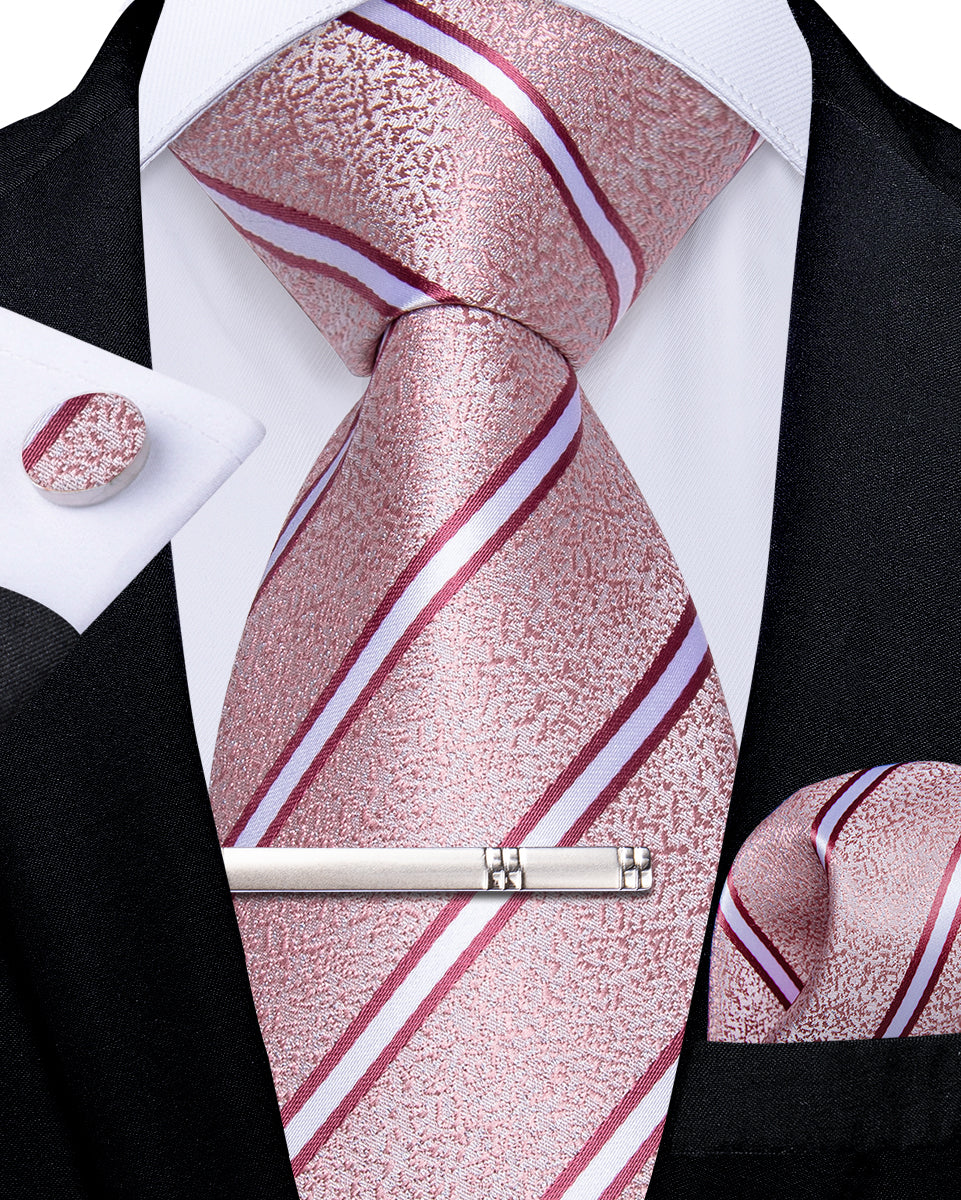 Pink White Stripe Men's Tie Handkerchief Cufflinks Clip Set