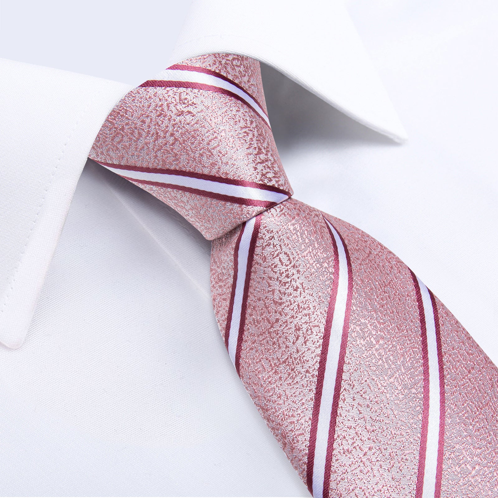 Pink White Stripe Men's Tie Handkerchief Cufflinks Clip Set