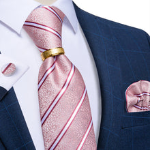 4PCS Pink White Stripe Silk Men's Tie Pocket Square Cufflinks with Tie Ring Set