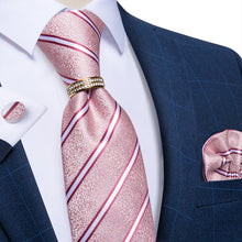4PCS Pink White Stripe Silk Men's Tie Pocket Square Cufflinks with Tie Ring Set
