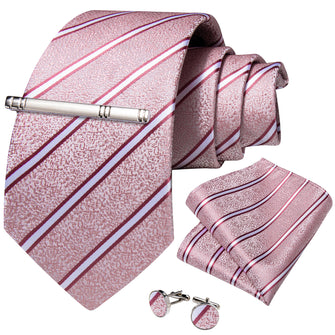 Pink White Stripe Men's Tie Handkerchief Cufflinks Clip Set