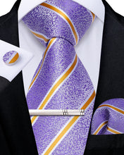 Purple Yellow Stripe Men's Tie Handkerchief Cufflinks Clip Set