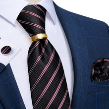 4PCS Black White Stripe Silk Men's Tie Pocket Square Cufflinks with Tie Ring Set