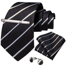 Black White Green Stripe Men's Tie Handkerchief Cufflinks Clip Set