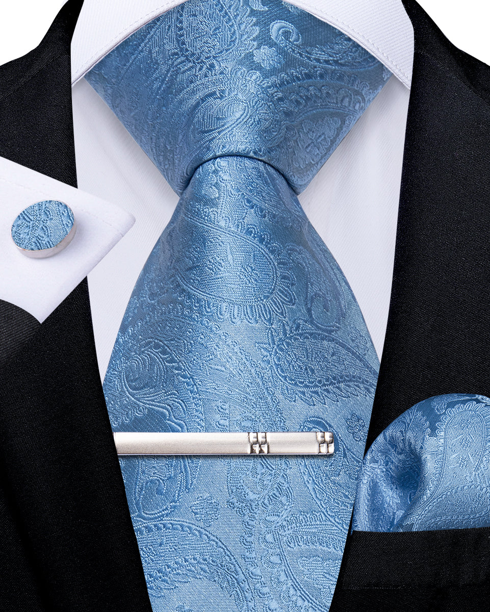 Blue Paisley Men's Tie Handkerchief Cufflinks Clip Set