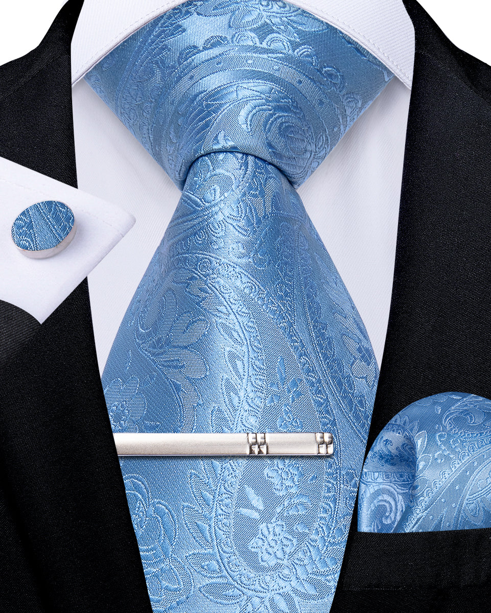 Teal Paisley Men's Tie Handkerchief Cufflinks Clip Set