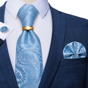 4PCS Teal Floral Silk Men's Tie Pocket Square Cufflinks with Tie Ring Set