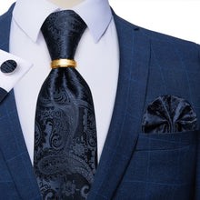 4PCS Dark Blue Floral Silk Men's Tie Pocket Square Cufflinks with Tie Ring Set
