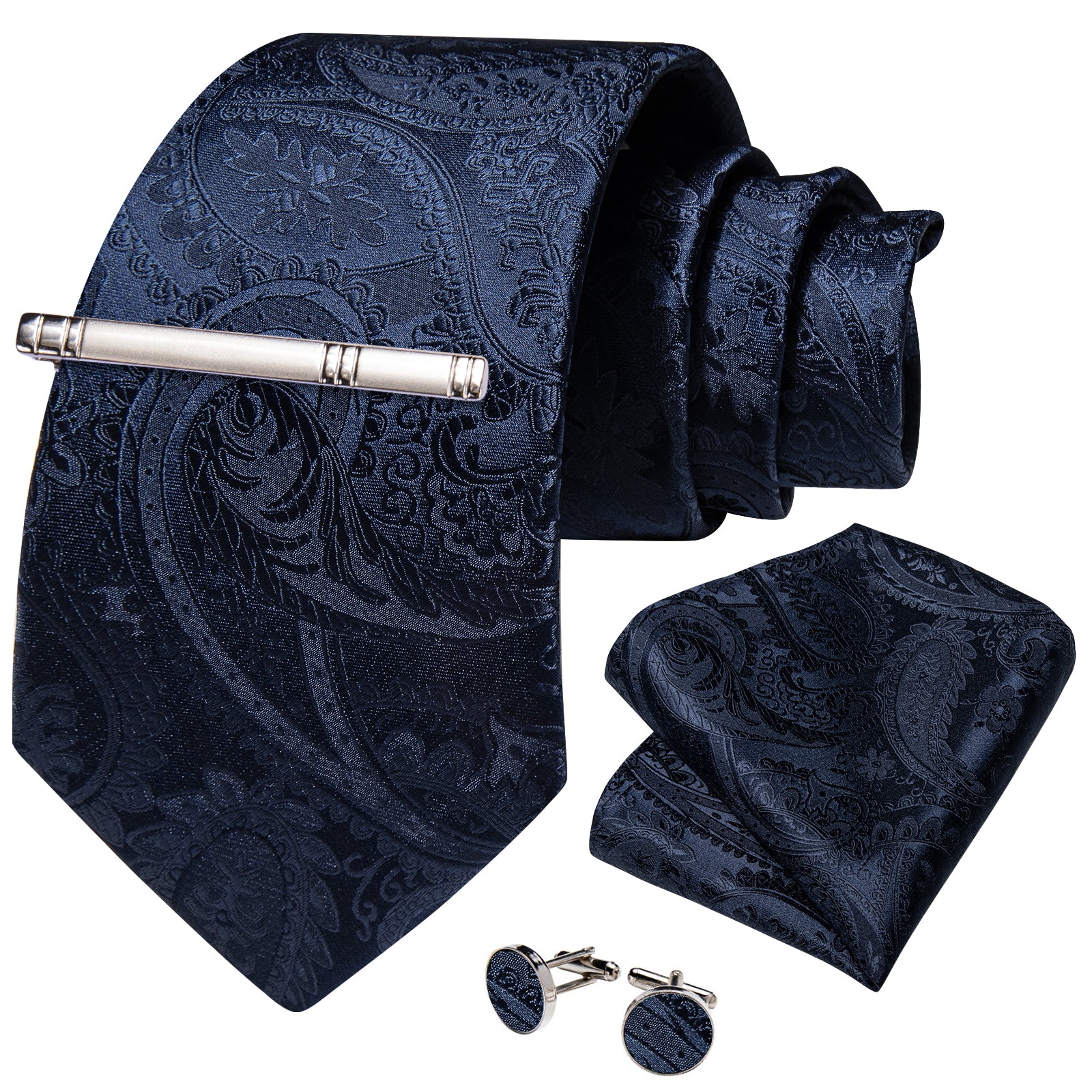 Silk Tie Dark Blue Floral Men's Tie Handkerchief Cufflinks Clip 