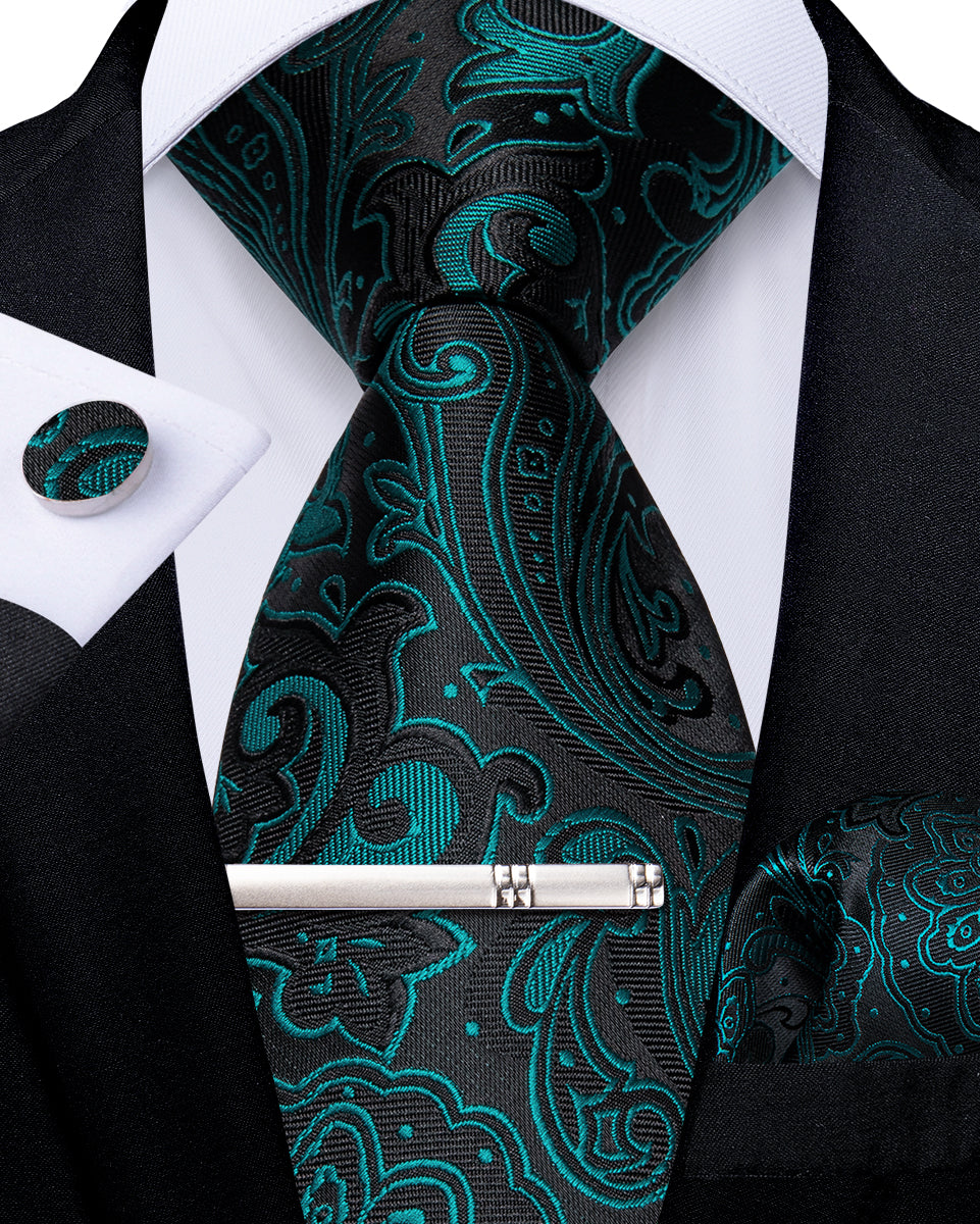 Black Green Floral Men's Tie Handkerchief Cufflinks Clip Set