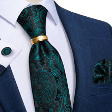 4PCS Dark Green Floral Silk Men's Tie Pocket Square Cufflinks with Tie Ring Set