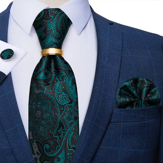 4PCS Dark Green Floral Silk Men's Tie Pocket Square Cufflinks with Tie Ring Set