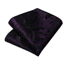 Black Purple Floral Men's Tie Handkerchief Cufflinks Clip Set