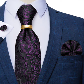 4PCS Dark Purple Floral Silk Men's Tie Pocket Square Cufflinks with Tie Ring Set