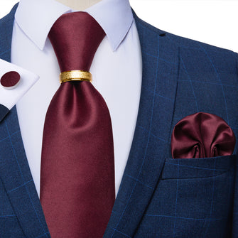 4PCS Claret Solid Silk Men's Tie Pocket Square Cufflinks with Tie Ring Set
