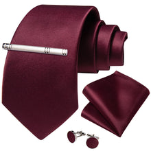 Claret Solid Men's Tie Handkerchief Cufflinks Clip Set