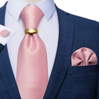 4PCS Pink Solid Silk Men's Tie Pocket Square Cufflinks with Tie Ring Set