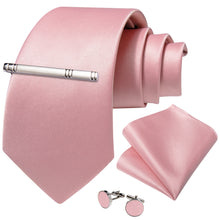 Pink Solid Men's Tie Handkerchief Cufflinks Clip Set