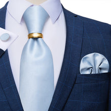 4PCS Baby Blue Solid Silk Men's Tie Pocket Square Cufflinks with Tie Ring Set