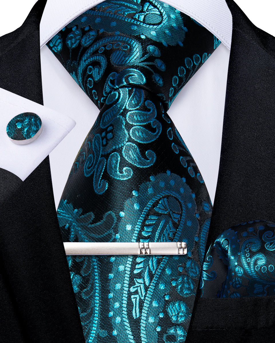 Teal Paisley Men's Tie Handkerchief Cufflinks Clip Set