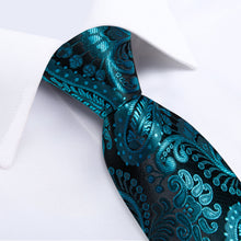 Teal Paisley Men's Tie Handkerchief Cufflinks Clip Set