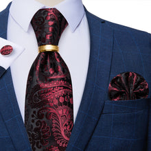 4PCS Claret Floral Silk Men's Tie Pocket Square Cufflinks with Tie Ring Set