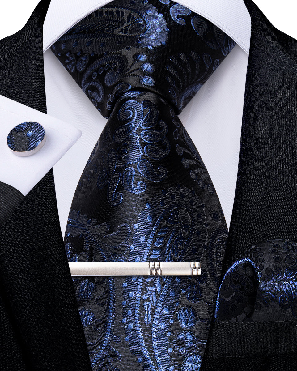 Blue Paisley Men's Tie Handkerchief Cufflinks Clip Set