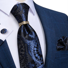 4PCS Blue Floral Silk Men's Tie Pocket Square Cufflinks with Tie Ring Set