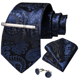 Blue Paisley Men's Tie Handkerchief Cufflinks Clip Set