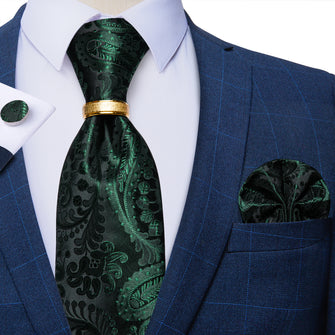 4PCS Green Floral Silk Men's Tie Pocket Square Cufflinks with Tie Ring Set