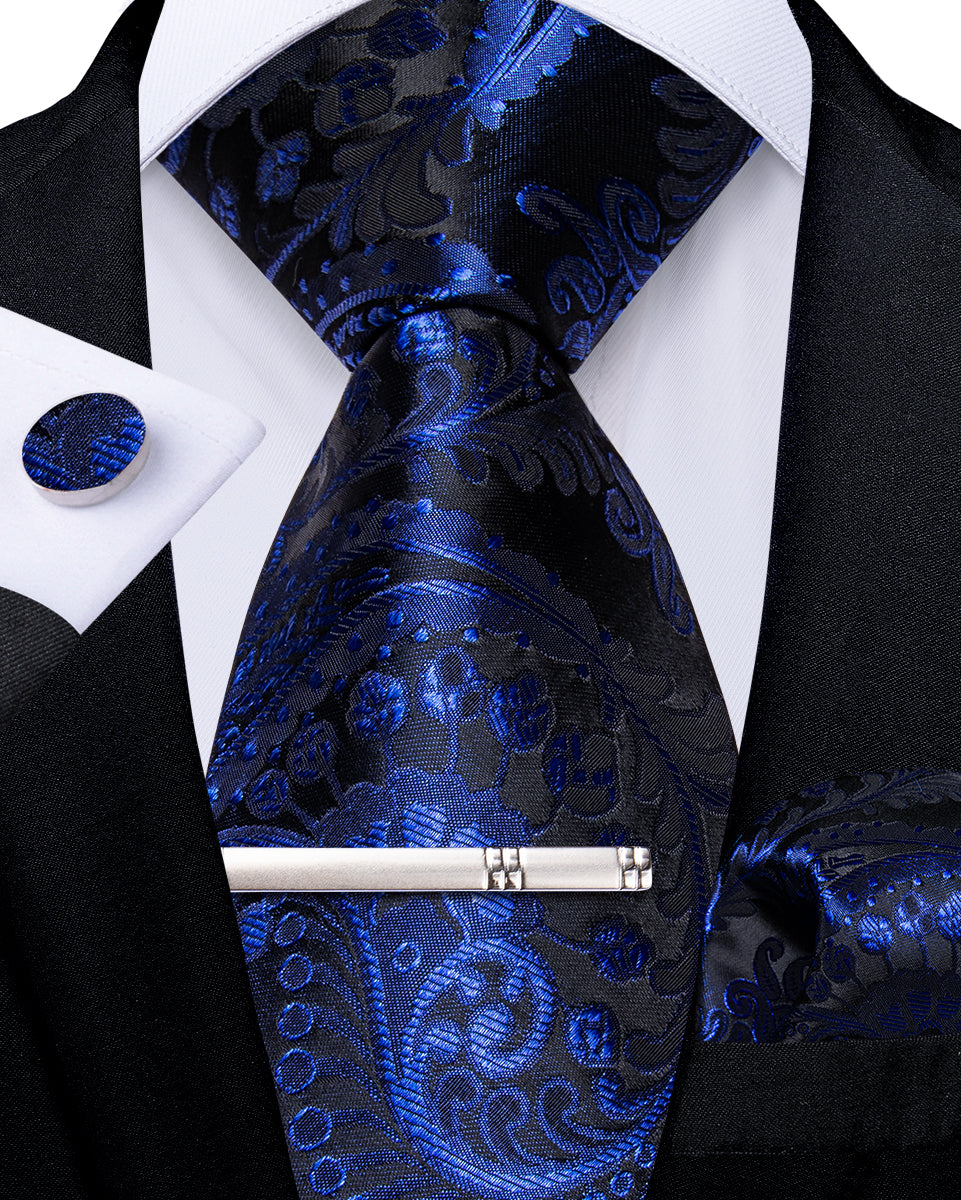 Blue Paisley Men's Tie Handkerchief Cufflinks Clip Set
