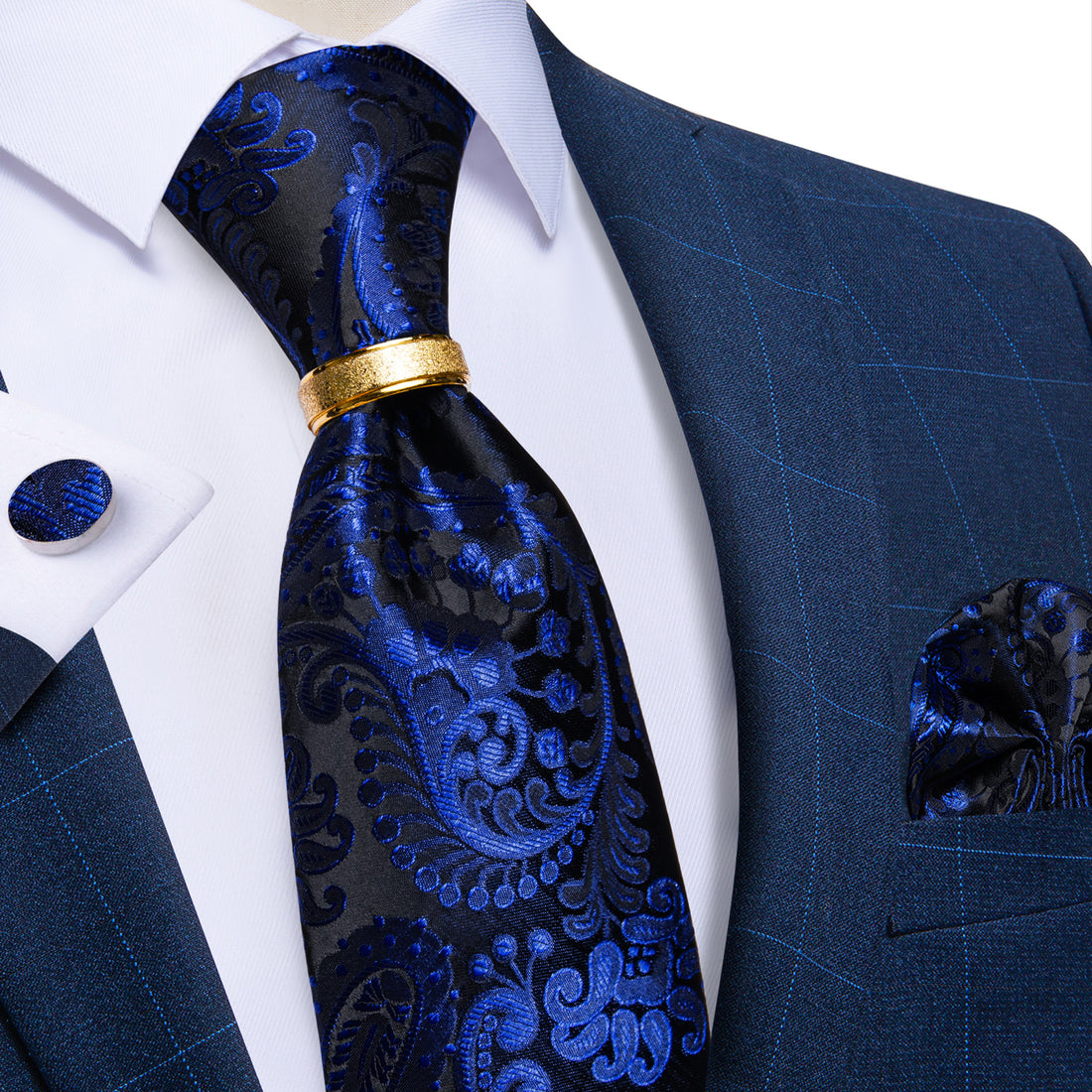 4PCS Blue Floral Silk Men's Tie Pocket Square Cufflinks with Tie Ring Set