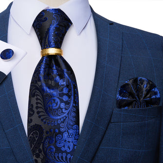 4PCS Blue Floral Silk Men's Tie Pocket Square Cufflinks with Tie Ring Set