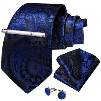 Blue Paisley Men's Tie Handkerchief Cufflinks Clip Set