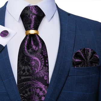 4PCS Purple Floral Silk Men's Tie Pocket Square Cufflinks with Tie Ring Set