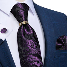 4PCS Purple Floral Silk Men's Tie Pocket Square Cufflinks with Tie Ring Set