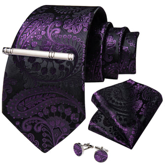 Purple Paisley Men's Tie Handkerchief Cufflinks Clip Set
