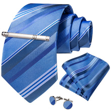 Blue White Striped Men's Tie Handkerchief Cufflinks Clip Set
