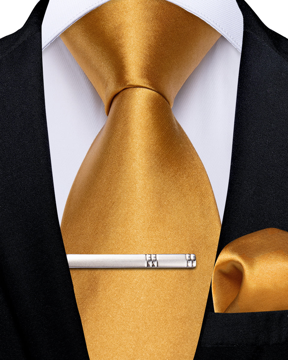 Golden Solid Men's Tie Handkerchief Clip Set