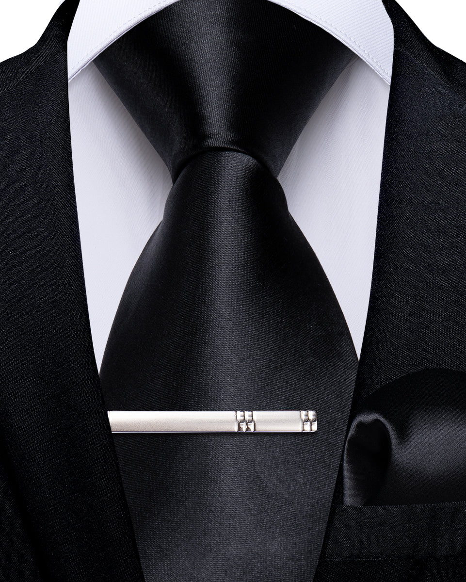 Black Solid Men's Tie Handkerchief Clip Set