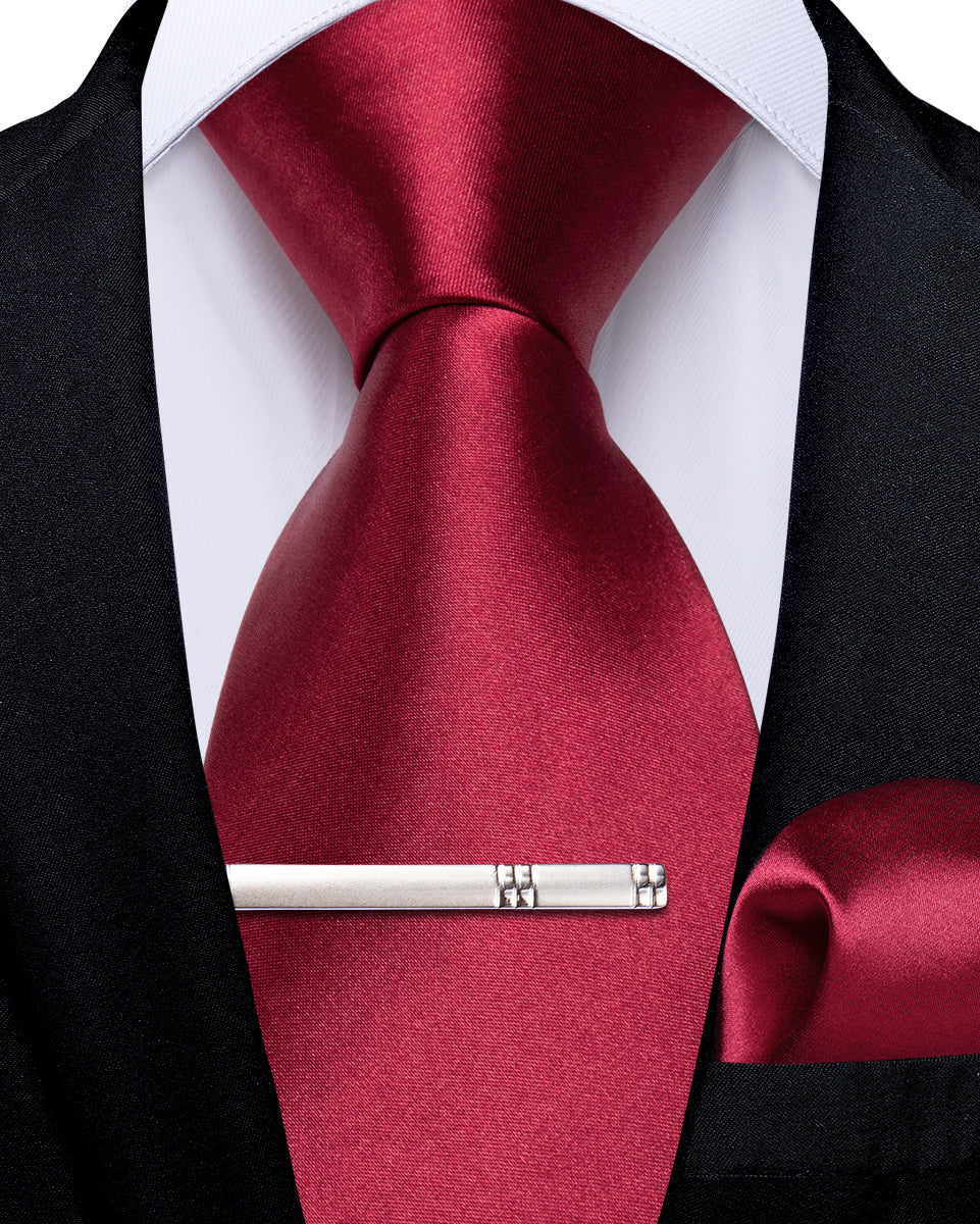 Red Solid Men's Tie Handkerchief Clip Set