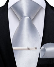 Silver Solid Men's Tie Handkerchief Clip Set