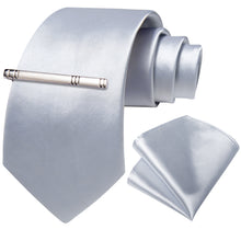 Silver Solid Men's Tie Handkerchief Clip Set