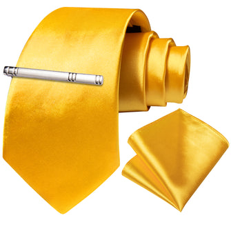 Yellow Solid Men's Tie Pocket Square Handkerchief Clip Set