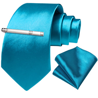 Light Blue Solid Men's Tie Pocket Square Handkerchief Clip Set