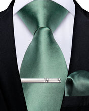 Grey Green Solid Men's Tie Pocket Square Handkerchief Clip Set