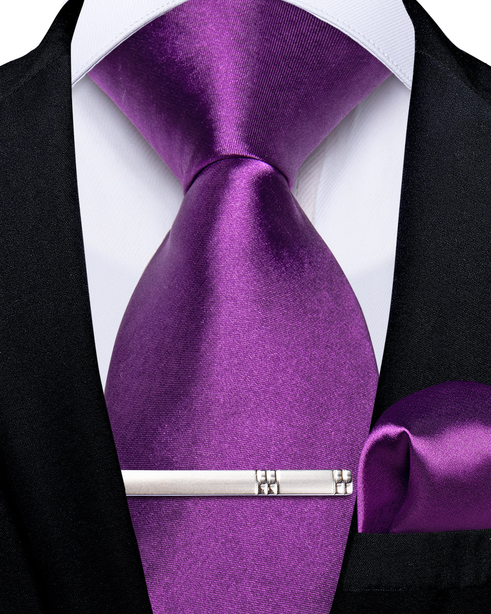 Purple Solid Men's Tie Pocket Square Handkerchief Clip Set