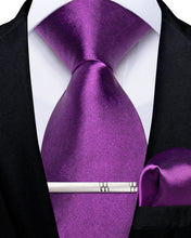 Purple Solid Men's Tie Pocket Square Handkerchief Clip Set