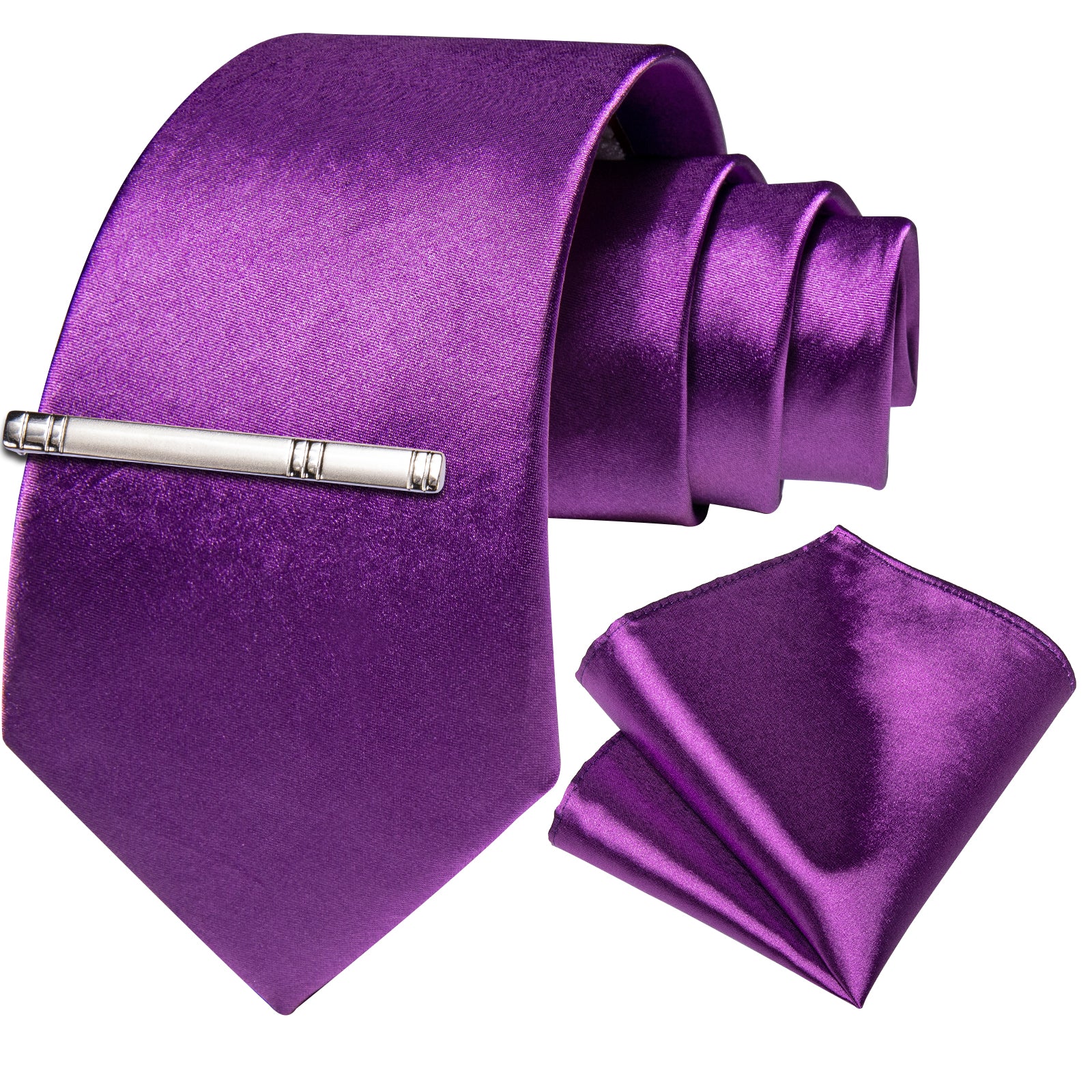 Purple Solid Men's Tie Pocket Square Handkerchief Clip Set