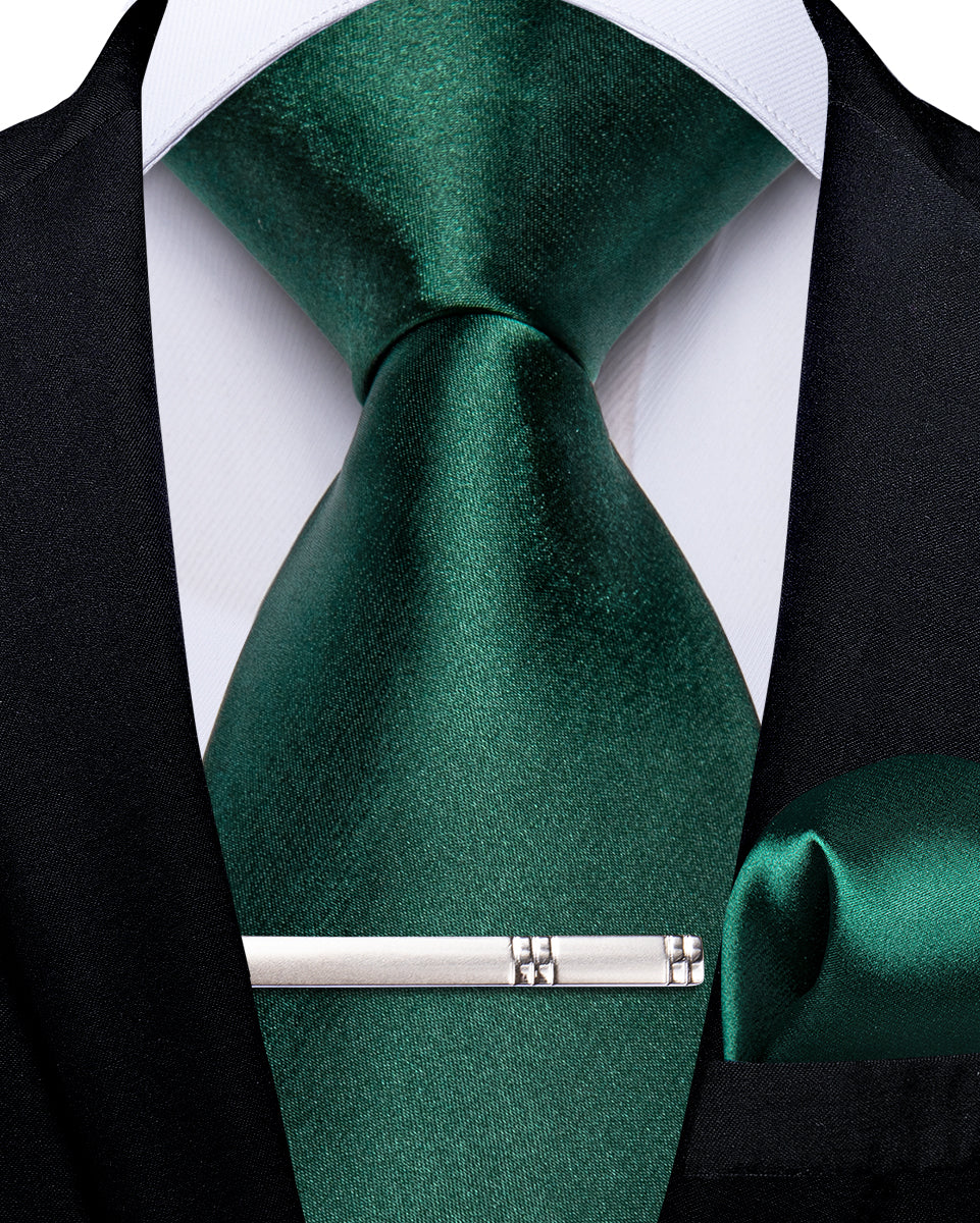 Green Solid Men's Tie Pocket Square Handkerchief Clip Set